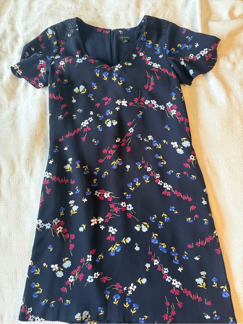 Ann Taylor Navy Floral Shift Dress with Pink, Blue, White, Yellow Accents